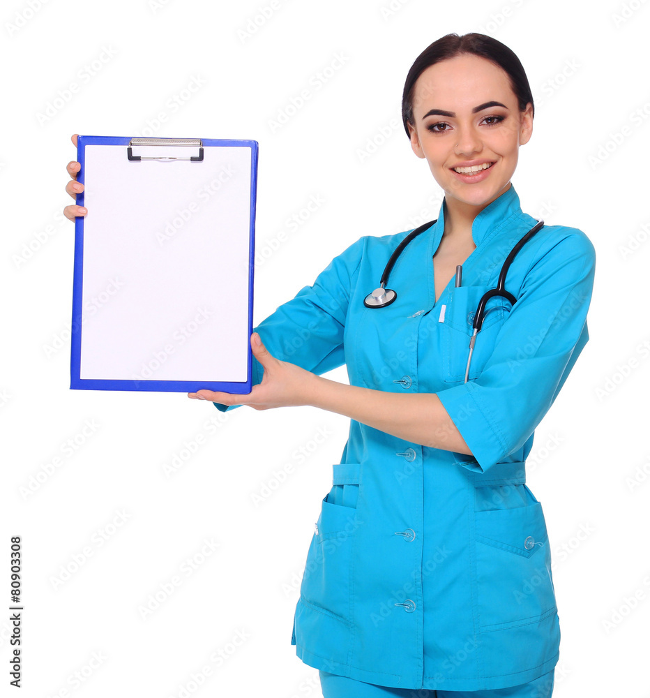 Medical doctor woman show empty blank clipboard Medical doctor woman show empty blank clipboard