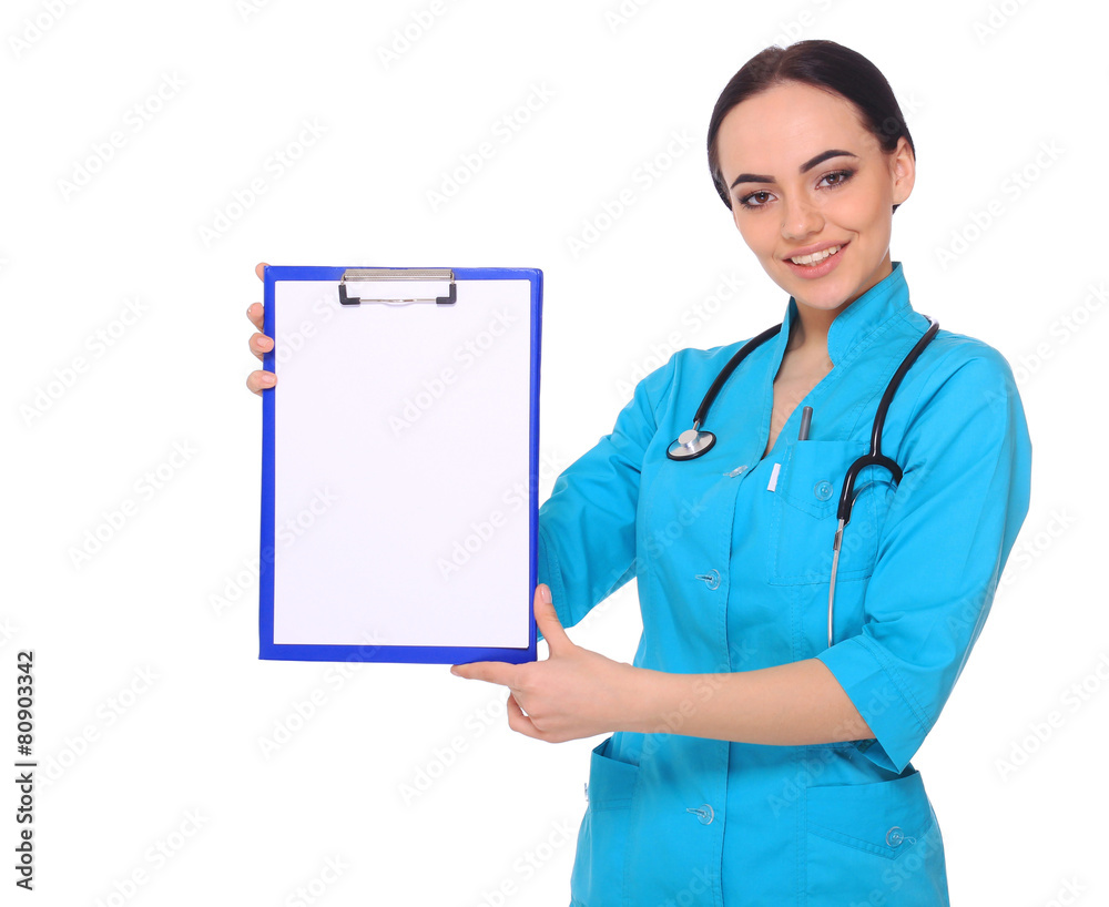 Medical doctor woman show empty blank clipboard Medical doctor woman show empty blank clipboard