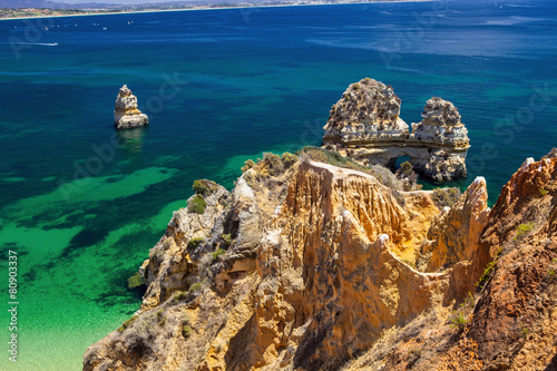 rock formations in the sea, the province of Algarve, Portugal