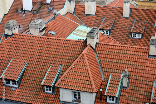 Valokuvatapetti High angle view of tile roofs in Prague, Czech Republic.