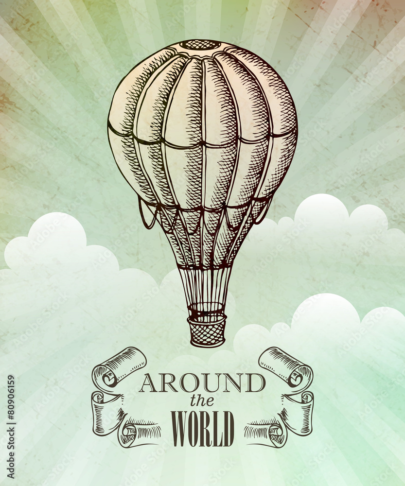 Fototapeta premium Aeronautic adventure. Vector vintage illustration with balloon