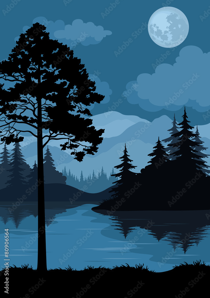 Obraz premium Landscape, Trees, Moon and Mountains