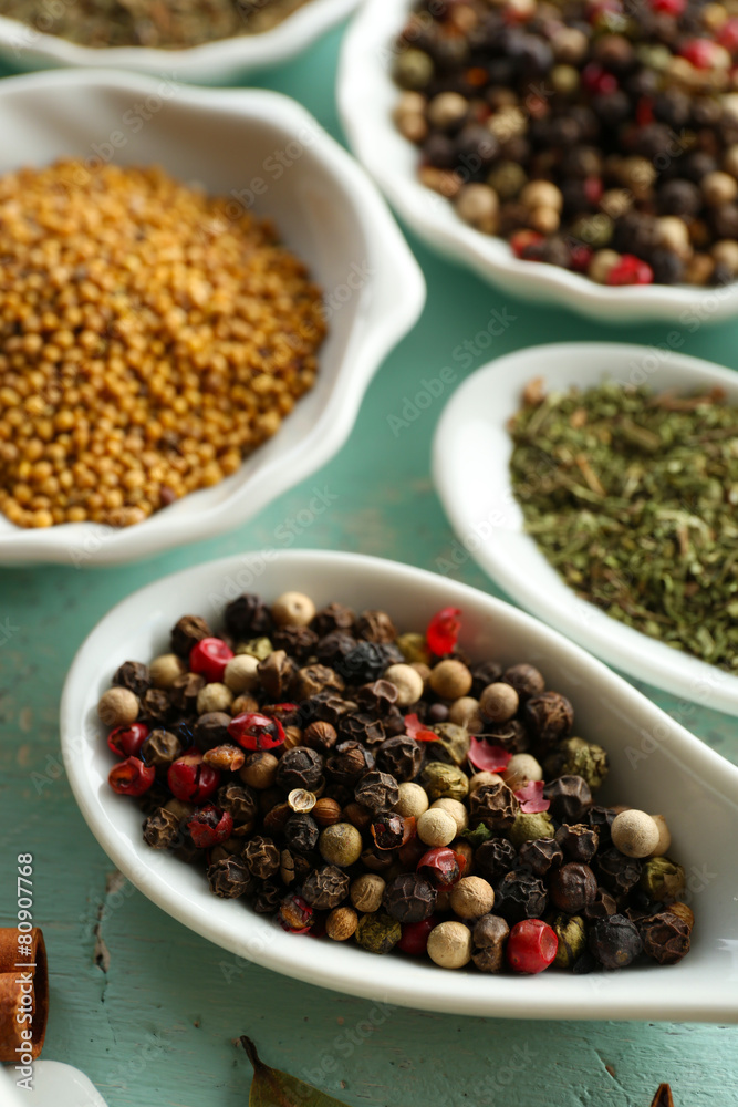 Different kinds of spices in ceramics spoons, close-up, Different kinds of spices in ceramics spoons, close-up,