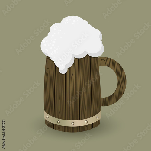 Wooden mug with beer on green background. Vector illustration.