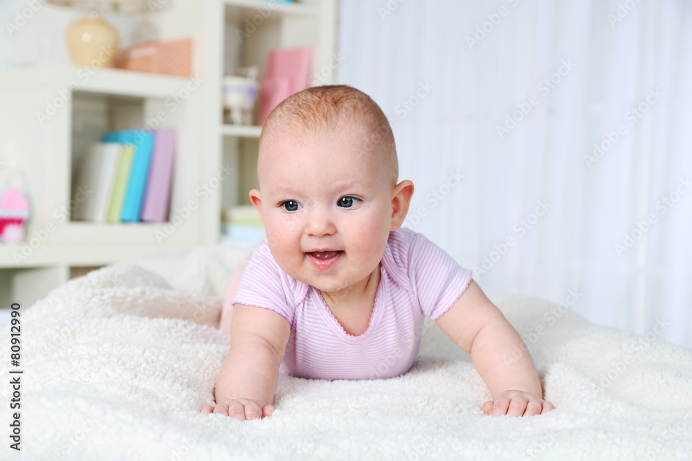 Cute baby girl, on home interior background Cute baby girl, on home interior background