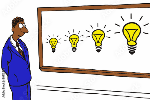 Cartoon of businessman thinking of new ideas.