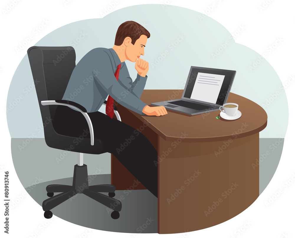 Businessman is under stress. He is looking at the laptop screen Businessman is under stress. He is looking at the laptop screen