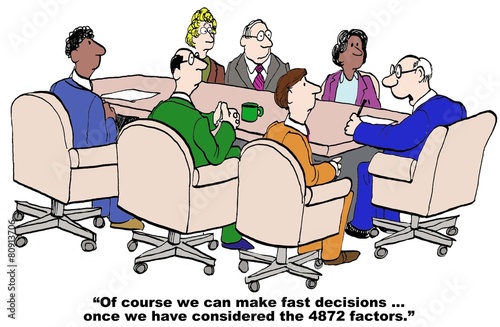 Cartoon of businessman saying a lot of factors before decision.