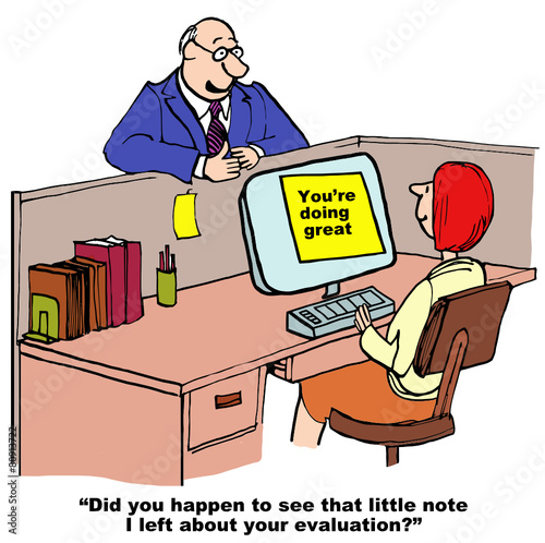 Cartoon of businessman praising businesswoman's work.
