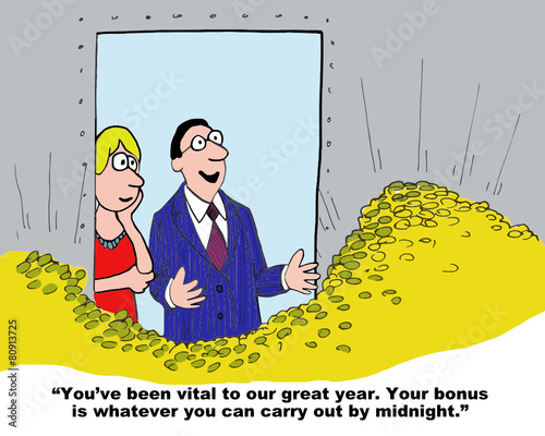 Cartoon of businessman rewarding businesswoman with gold.