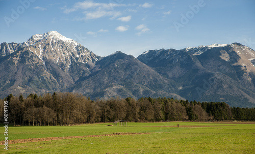 Hayrack on meadow in gorenjska region, Slovenia