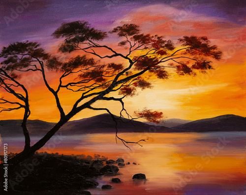 Plakat Obraz olejny - zachód słońca nad jeziorem, sztuka abstrakcyjna