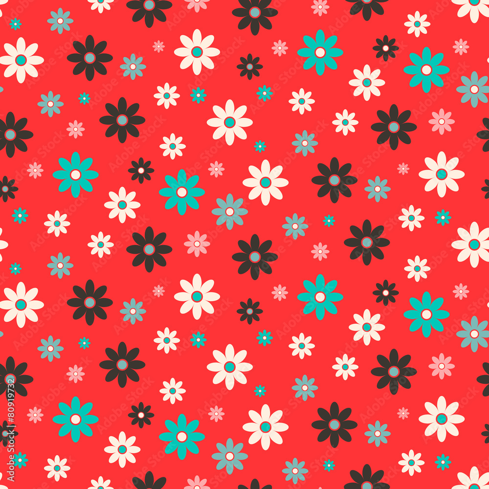 Vector Flat Design Seamless Retro Flowers on Red Background Vector Flat Design Seamless Retro Flowers on Red Background