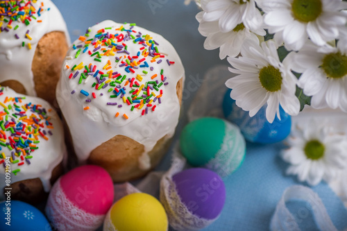 Easter Kulich cake with icing and colored eggs