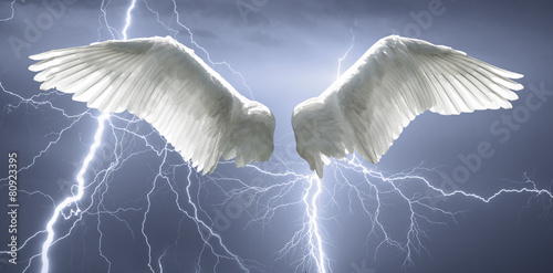 Angel wings with background made of sky and lightning