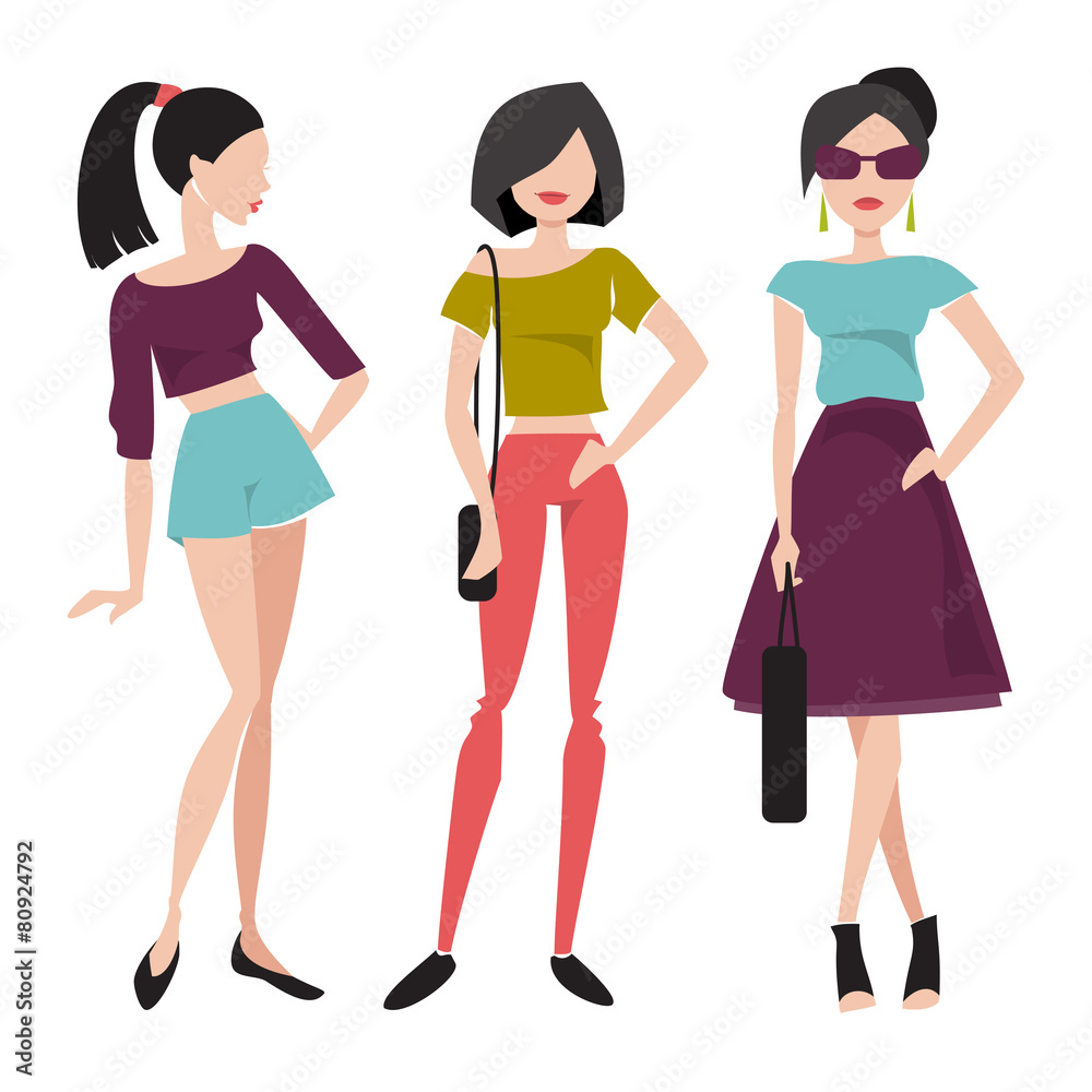 Three fashionable girl. Flat vector illustration Three fashionable girl. Flat vector illustration