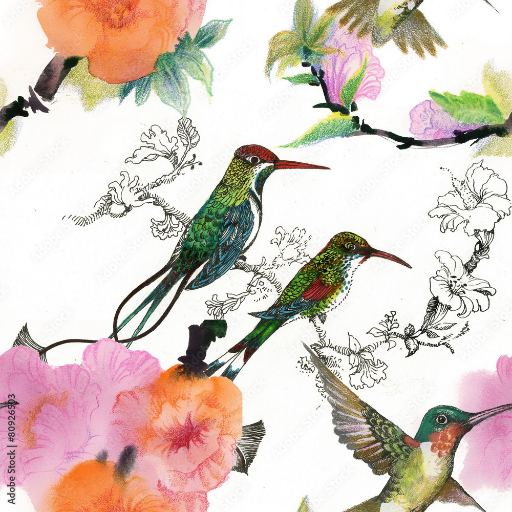 Drawing of beautiful bright birds and flowers seamless pattern
