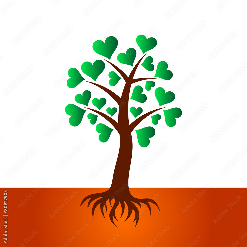 Fototapeta premium Tree with heart leaves and roots
