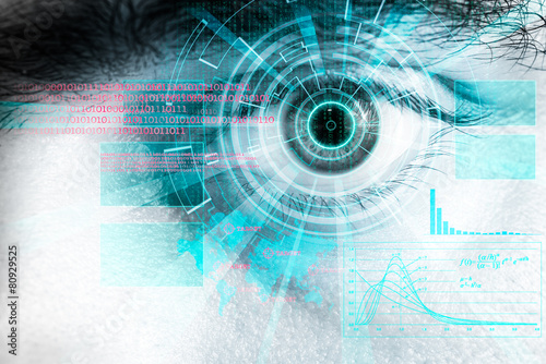 rendering of a futuristic cyber eye with laser light effect