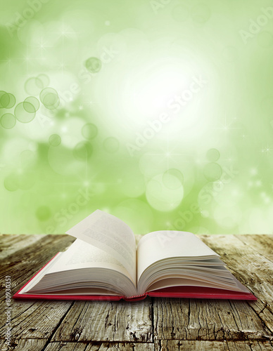 Open book on table in front of green background
