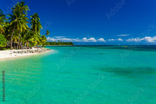 Tropical island in Fiji with sandy beach and clean water
