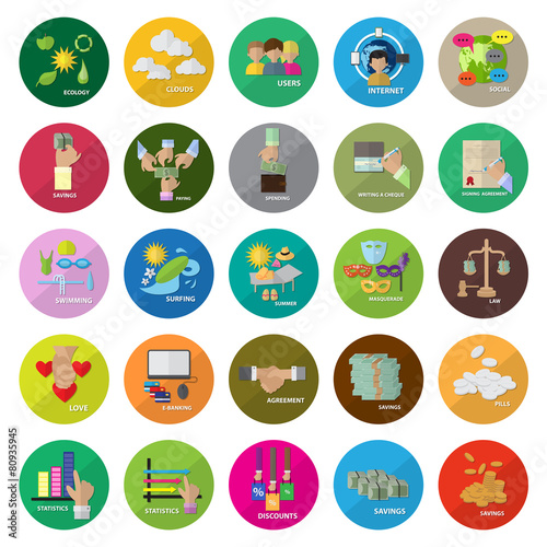Flat Icons Set: Vector Illustration, Graphic Design. Collection Of Colorful Icons. For Web, Websites, Print, Presentation Templates, Promotional, Mobile Applications And Promotional Materials