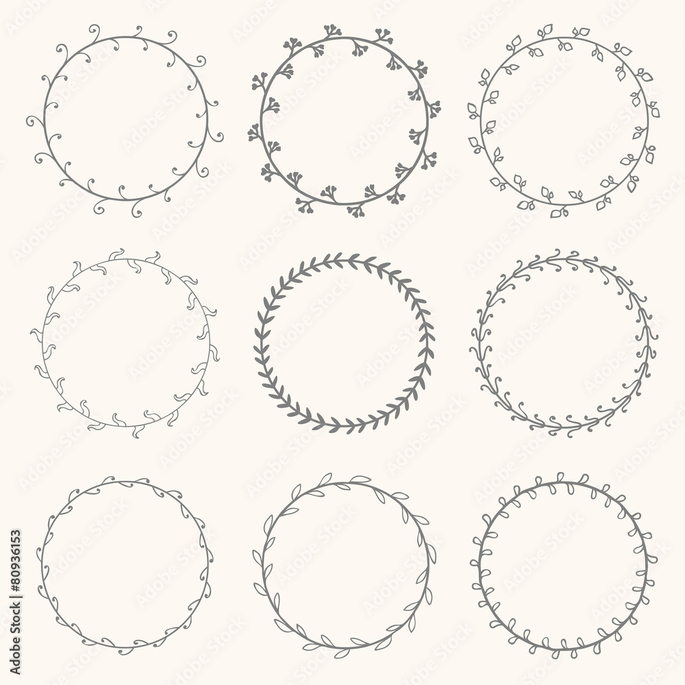 Collection of hand drawn vector round wreaths. Decorative elemen Collection of hand drawn vector round wreaths. Decorative elemen