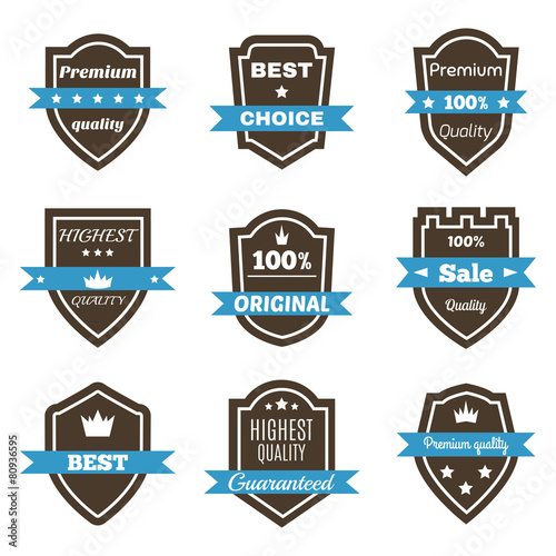 Set of 9 vintage badges. Shields with ribbons. Sale, premium qua