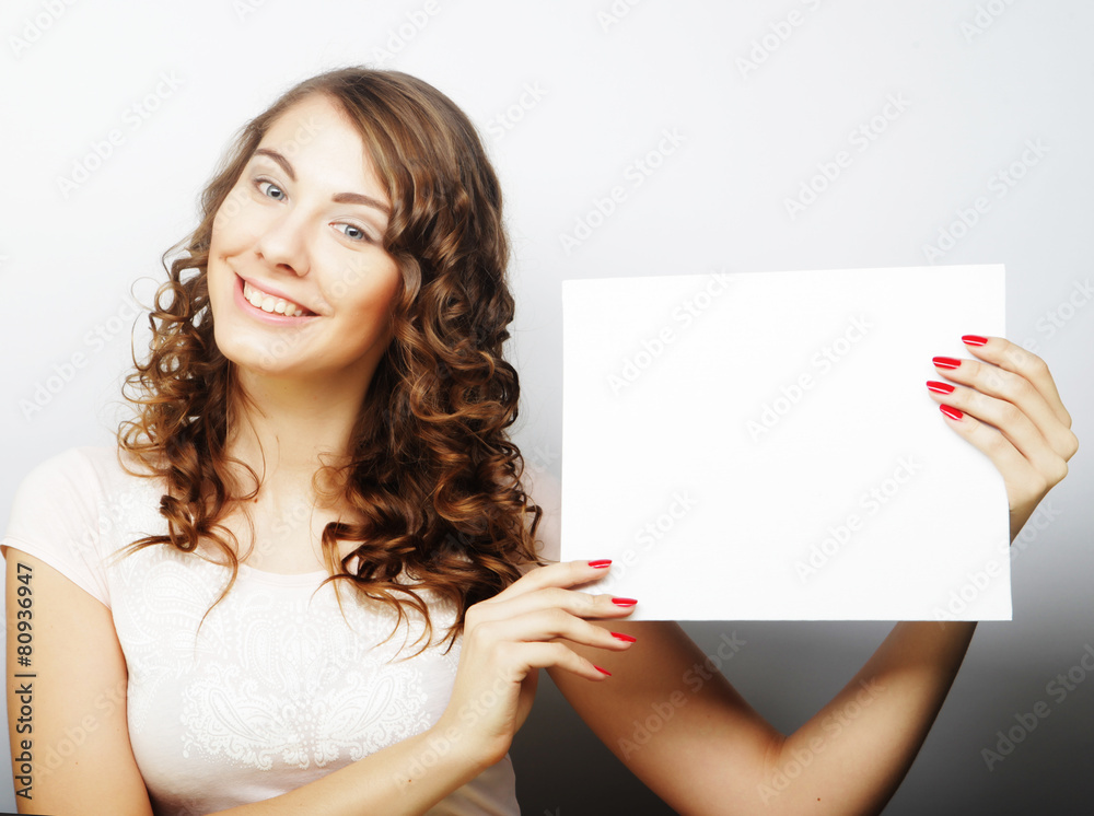 Woman holding blank card Woman holding blank card