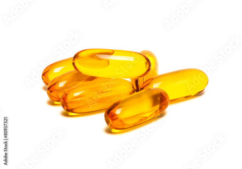 Fish oil supplement product capsules isolated on white backgroun