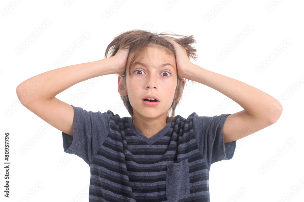 stressed out boy on a white background stressed out boy on a white background