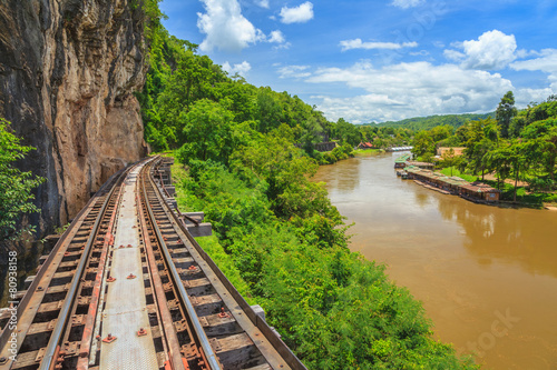 railwat track of Thai Railway and river resort at Kanchanaburi photo