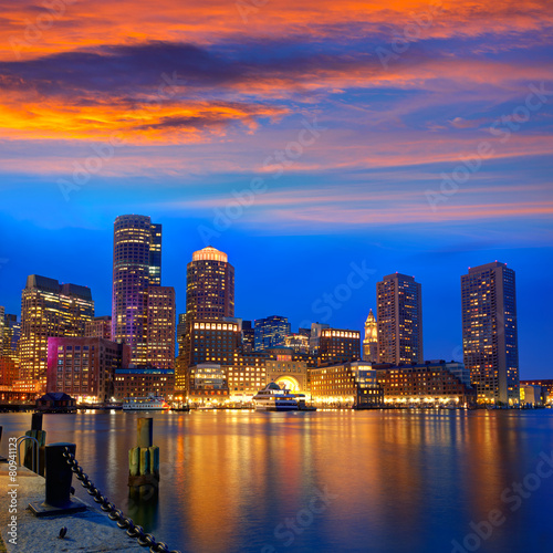Boston sunset skyline at Fan Pier Massachusetts