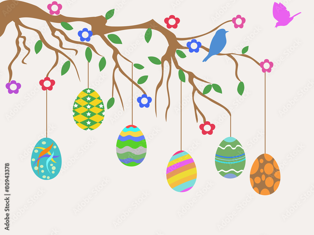 Fototapeta premium easter egg hanging on tree and birds flowers card