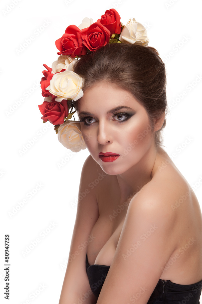 Gorgeous sexy model with flowers in head