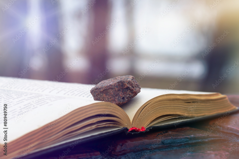 Stone on an open book put on red wet tiles. The sun rays blink through the tree's branches Stone on an open book put on red wet tiles. The sun rays blink through the tree's branches