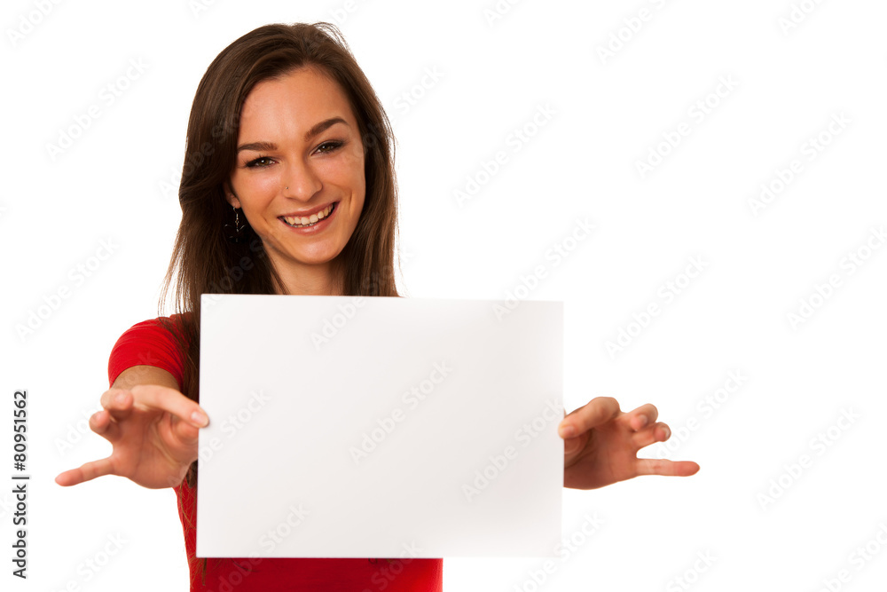 Beautiful young business woman showing a blank card isolated ove Beautiful young business woman showing a blank card isolated ove