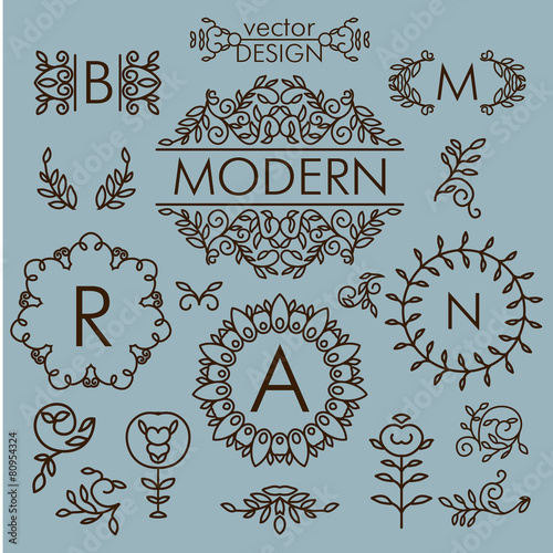 Vector set of floral line design elements for logos