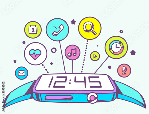 Vector illustration of simple smart watch with button and applic