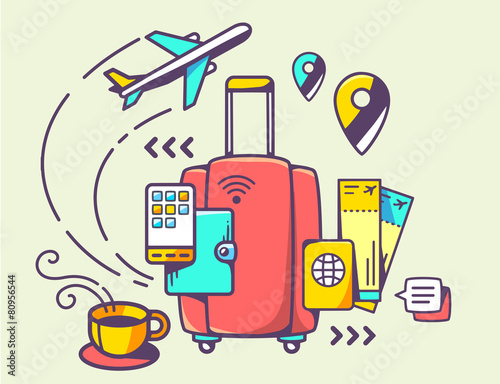 Vector illustration of red suitcase and travel accessories on li