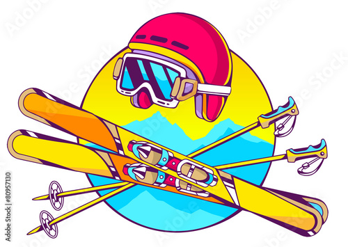 Vector illustration of helmet and skis on white background with