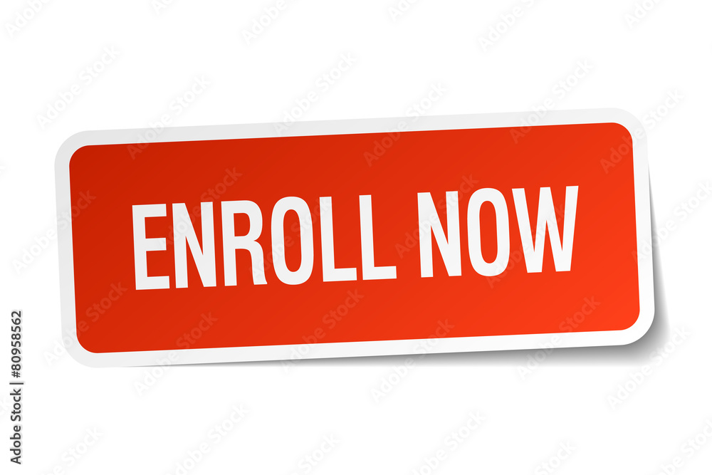 enroll now red square sticker isolated on white