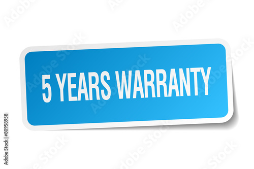 5 years warranty blue square sticker isolated on white