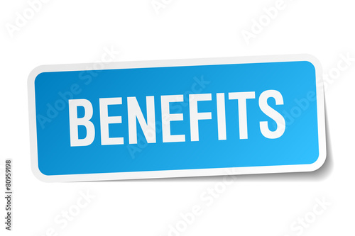 benefits blue square sticker isolated on white