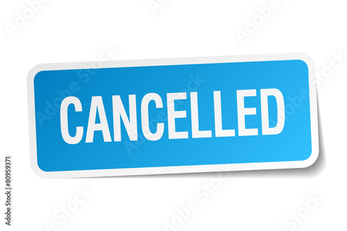cancelled blue square sticker isolated on white
