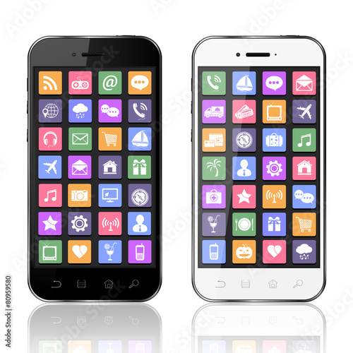 Black and white mobile phones with apps icons