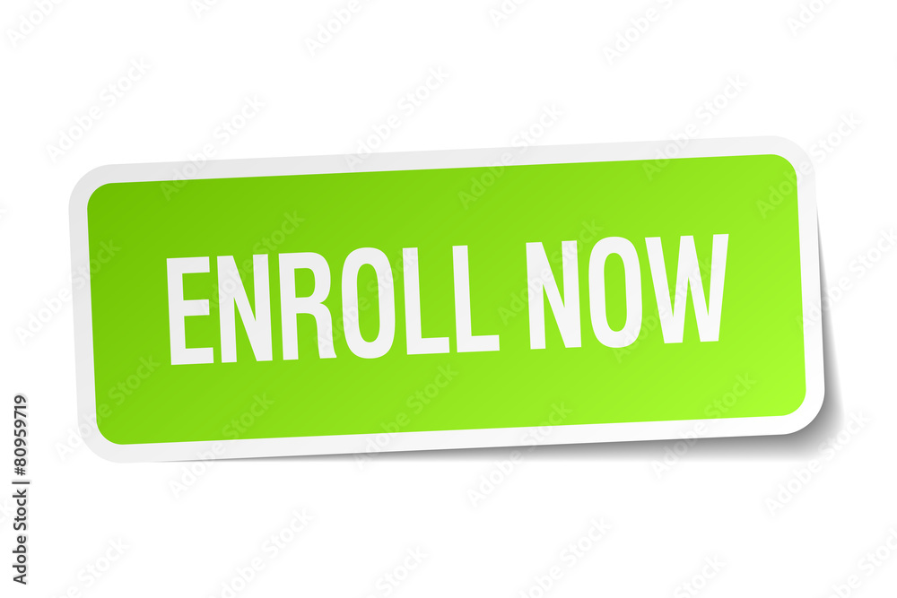 enroll now green square sticker on white background enroll now green square sticker on white background