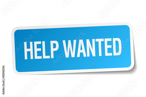 help wanted blue square sticker isolated on white