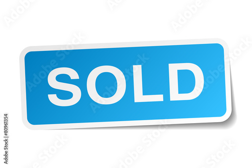 sold blue square sticker isolated on white