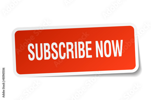 subscribe now red square sticker isolated on white